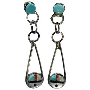 Traditional Zuni Sun Face Multi-Stone 925 Sterling Silver Dangle Earrings